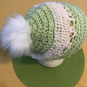 Ski hat - mint green with white pom pom in medium